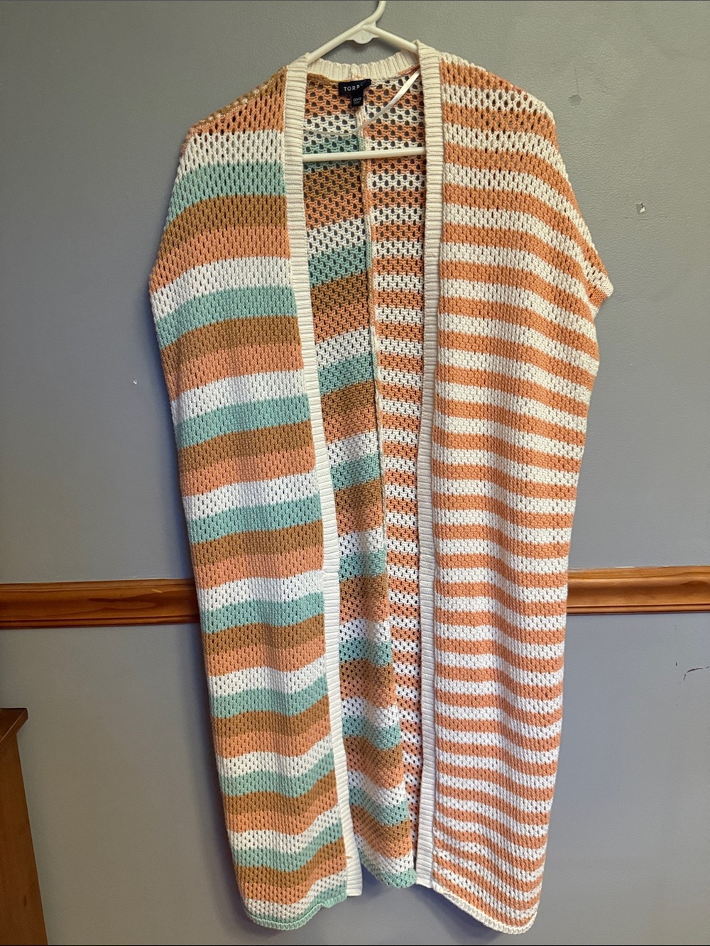 Torrid Multi-Stripe Crochet Knit Duster Vest Sweater Cardigan Size 00/0 M/L